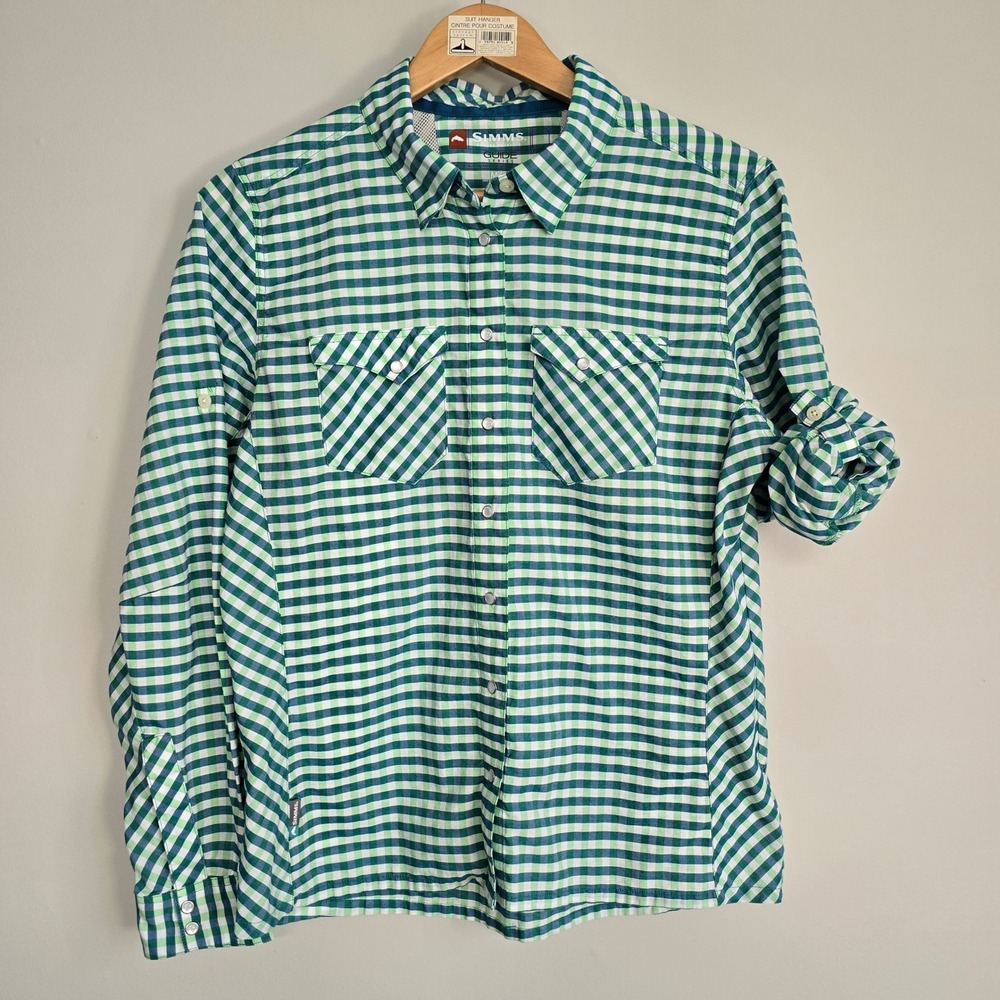 Simms Guide Series Womens Medium Green Gingham Pearl Snap Fishing Shirt Gorpcore